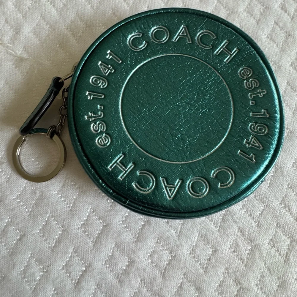 Coach Round Leather Keyring Pouch in Teal Green with Silver Hardware